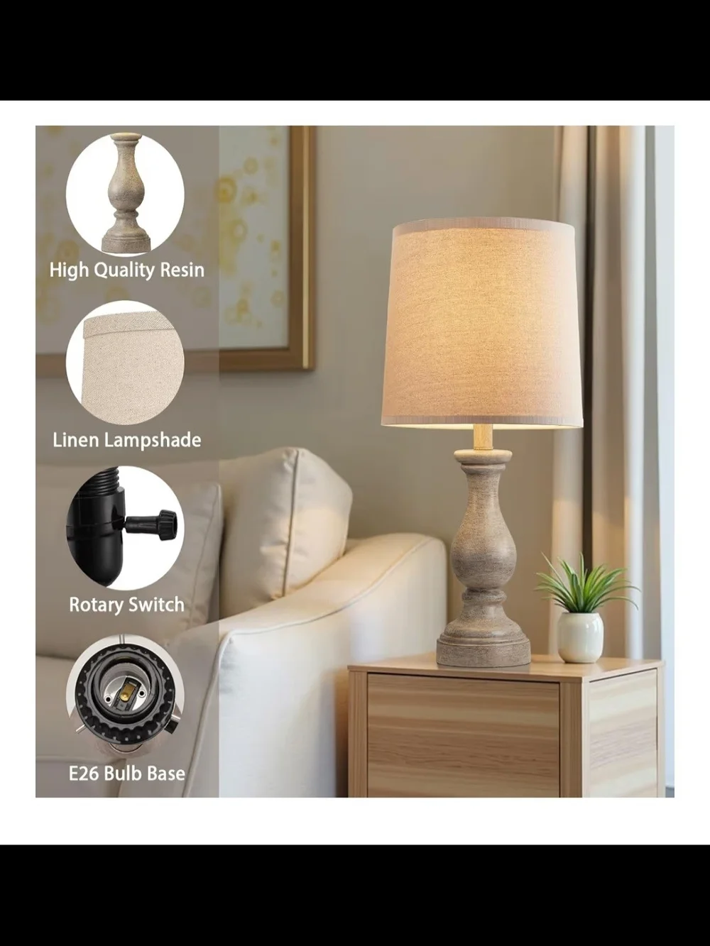 Rustic Farmhouse Table Lamps Set of 2 in Weathered Gray with Linen Shades